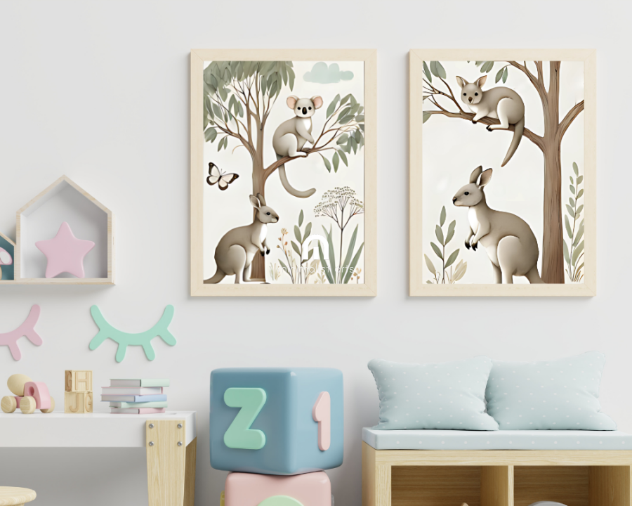 Koala and Kangaroo + Tree Kangaroo & Ground Kangaroo Nursery Wall Art Set of 2 Print Material