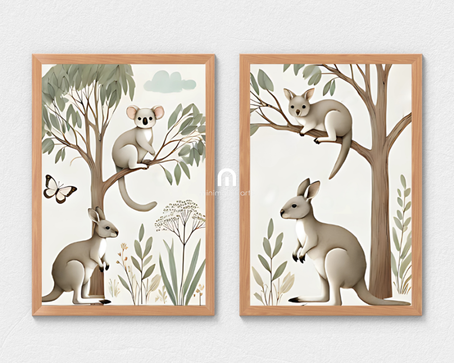Koala and Kangaroo + Tree Kangaroo & Ground Kangaroo Nursery Wall Art Set of 2 Print Material