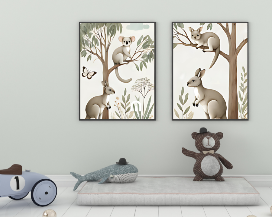 Koala and Kangaroo + Tree Kangaroo & Ground Kangaroo Nursery Wall Art Set of 2 Print Material