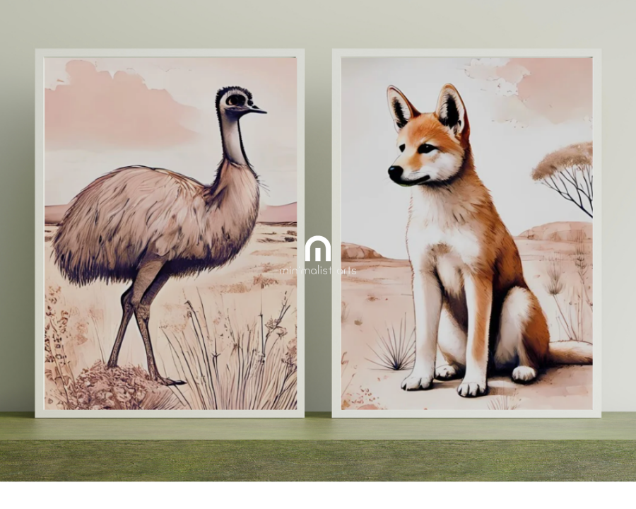 Outback Dingo & Emu- Nursery Poster & Canvas Wall Art Set of 2 Print Material
