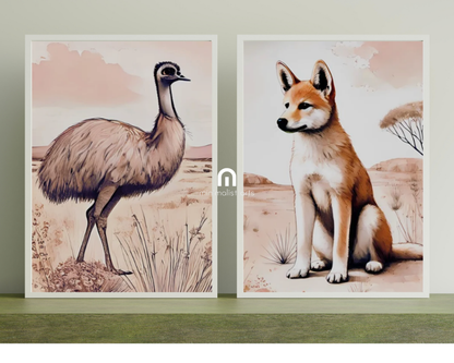 Outback Dingo & Emu- Nursery Poster & Canvas Wall Art Set of 2 Print Material