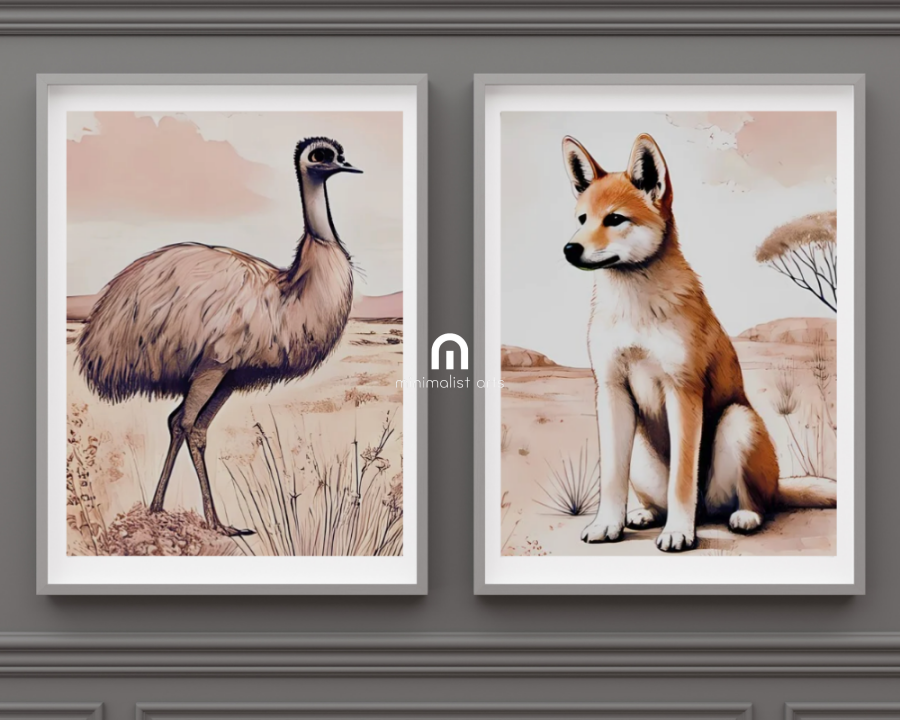 Outback Dingo & Emu- Nursery Poster & Canvas Wall Art Set of 2 Print Material