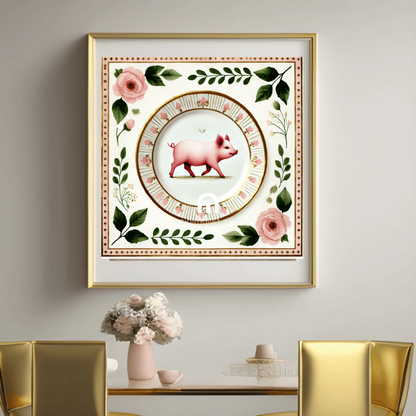 Parade of Petals – Kitchen Dining Wall Art Canvas | Stretched & Framed | Pig Wall Art Canvas Wall Art