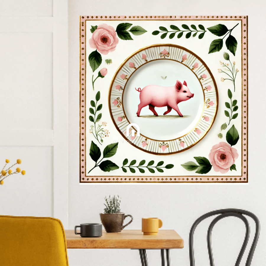 Parade of Petals – Kitchen Dining Wall Art Canvas | Stretched & Framed | Pig Wall Art Canvas Wall Art