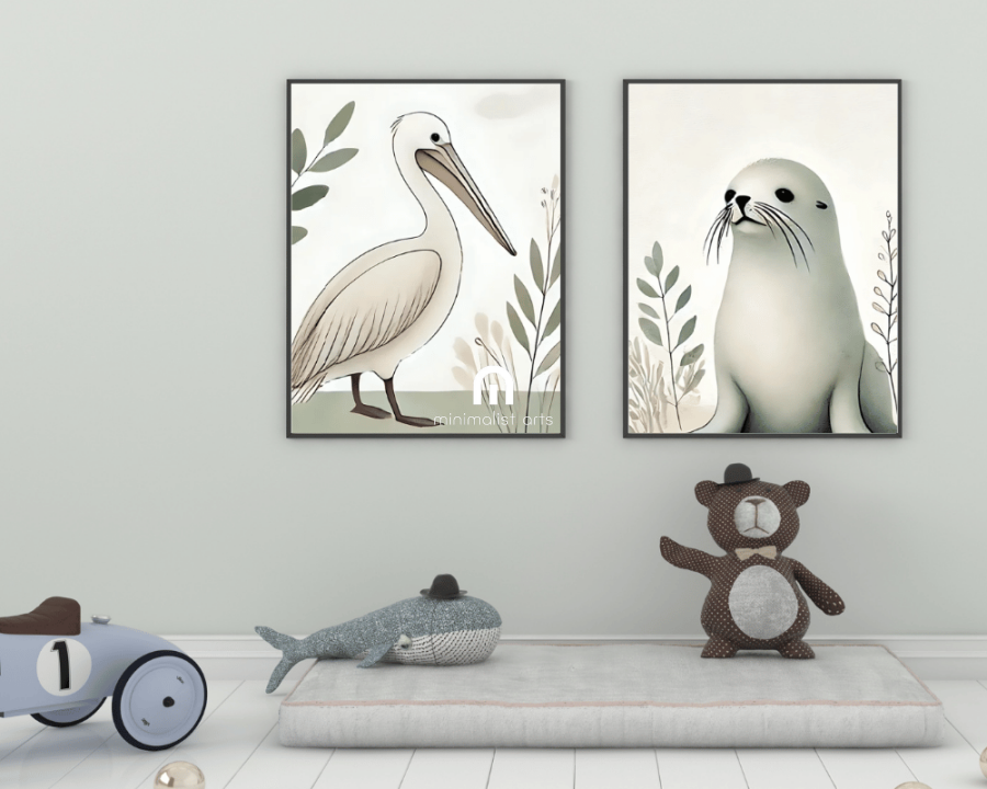 Pelican + Australian Seal Minimalist Nursery Wall Art Set of 2 Print Material