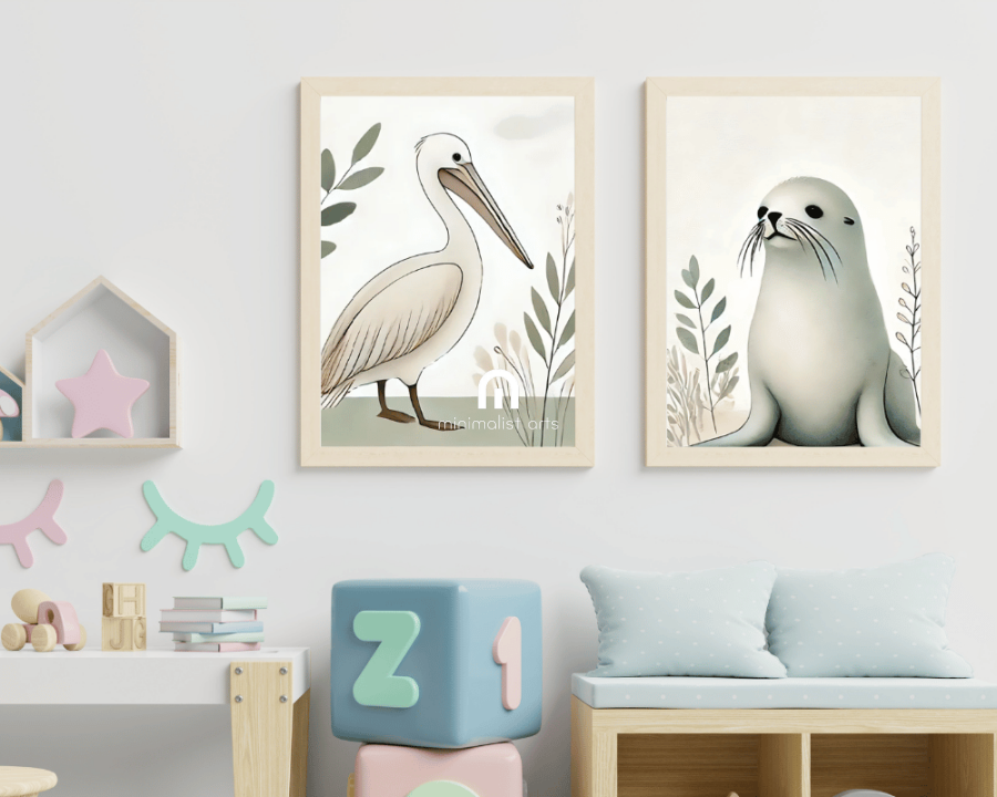 Pelican + Australian Seal Minimalist Nursery Wall Art Set of 2 Print Material