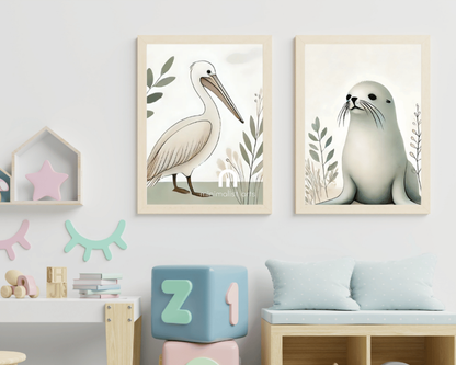 Pelican + Australian Seal Minimalist Nursery Wall Art Set of 2 Print Material