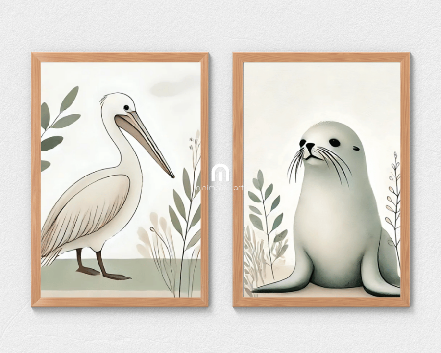 Pelican + Australian Seal Minimalist Nursery Wall Art Set of 2 Print Material