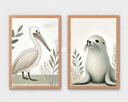 Pelican + Australian Seal Minimalist Nursery Wall Art Set of 2 Print Material
