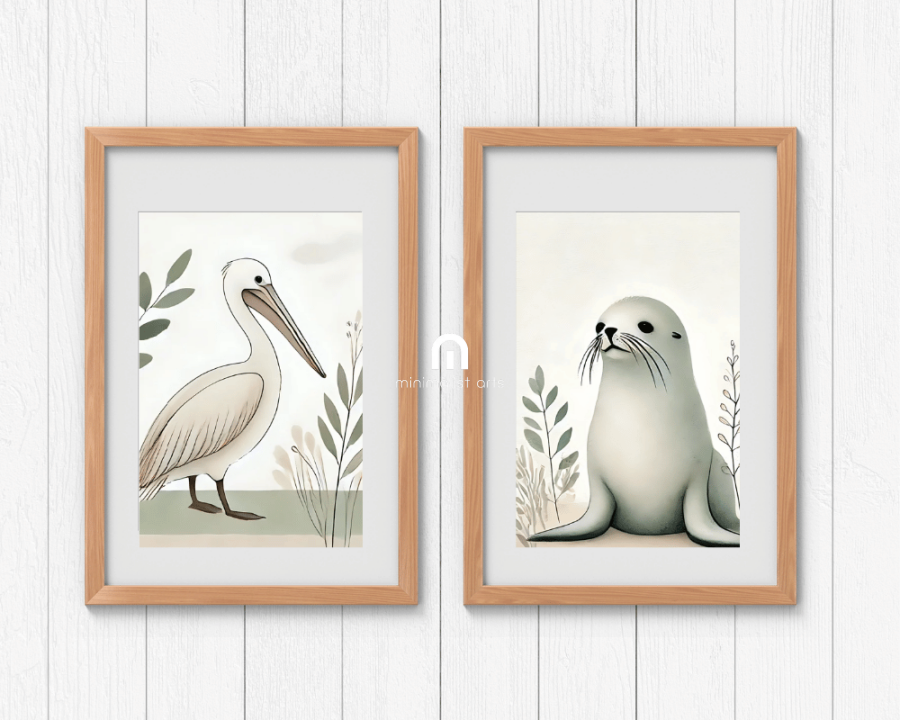 Pelican + Australian Seal Minimalist Nursery Wall Art Set of 2 Print Material
