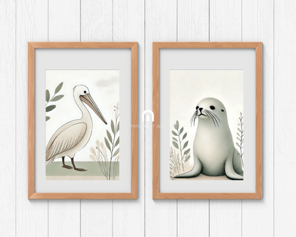 Pelican + Australian Seal Minimalist Nursery Wall Art Set of 2 Print Material