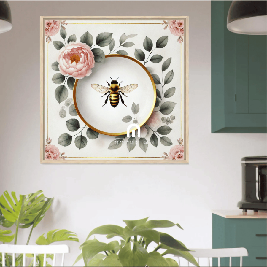 Peony Bloom & Golden Honey Bee Floral Wall Art | Kitchen Wall Art | Dining Room Wall Art | Vintage Wall Art