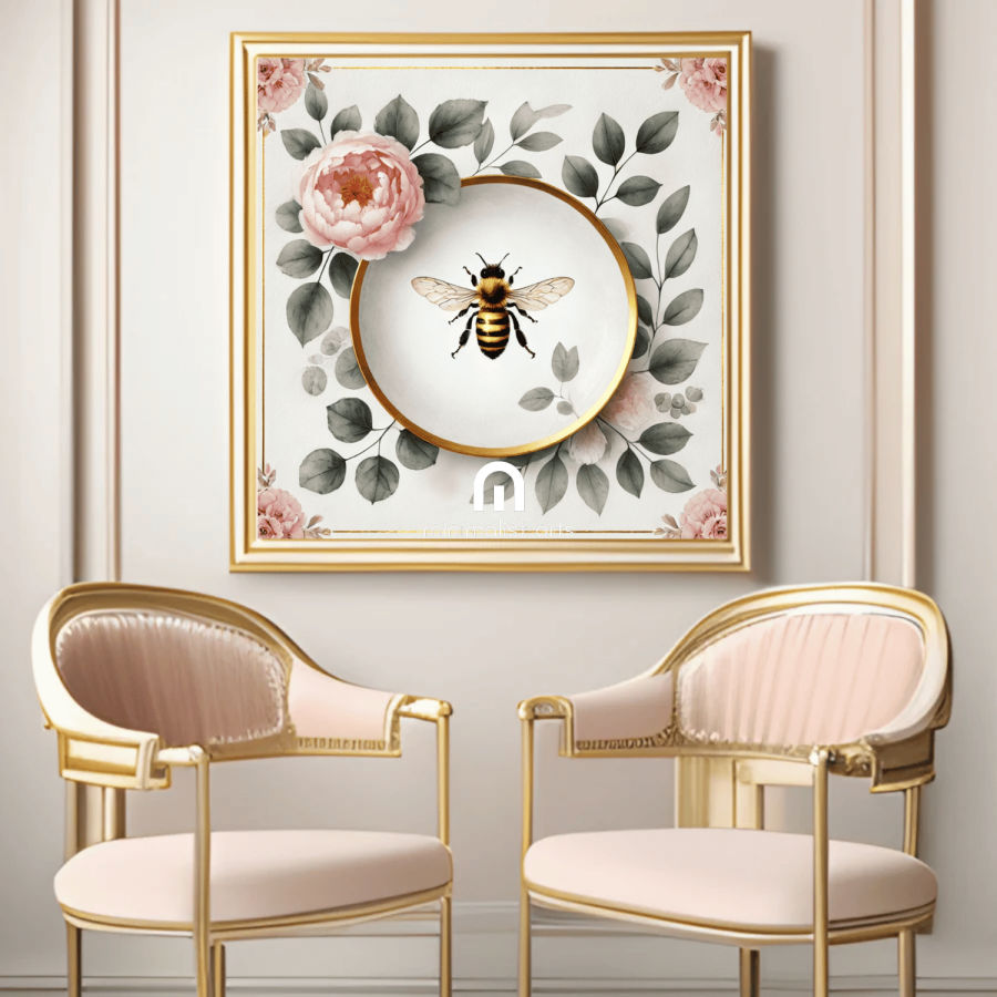 Peony Bloom & Golden Honey Bee Floral Wall Art | Kitchen Wall Art | Dining Room Wall Art | Vintage Wall Art