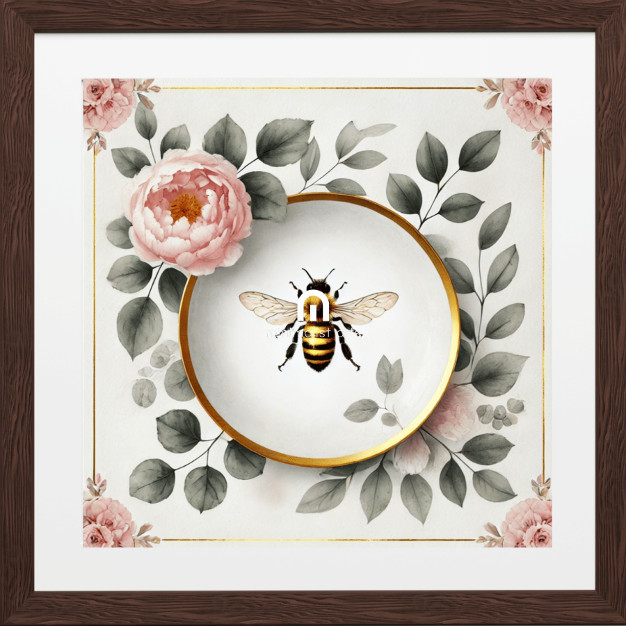 Peony Bloom & Golden Honey Bee Floral Wall Art | Kitchen Wall Art | Dining Room Wall Art | Vintage Wall Art
