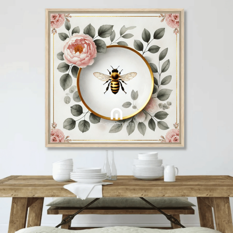 Peony Bloom & Golden Honey Bee Floral Wall Art | Kitchen Wall Art | Dining Room Wall Art | Vintage Wall Art