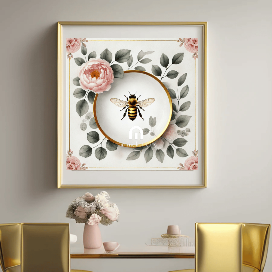 Peony Bloom & Golden Honey Bee Floral Wall Art | Kitchen Wall Art | Dining Room Wall Art | Vintage Wall Art