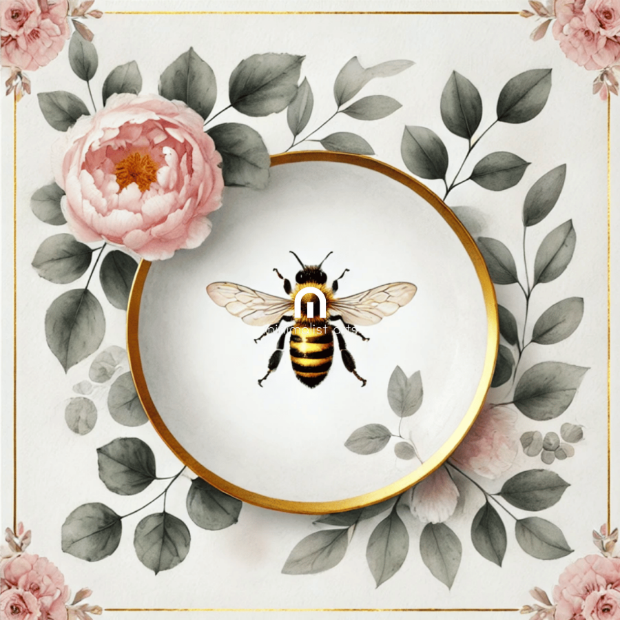 Peony Bloom & Golden Honey Bee Floral Wall Art | Kitchen Wall Art | Dining Room Wall Art | Vintage Wall Art