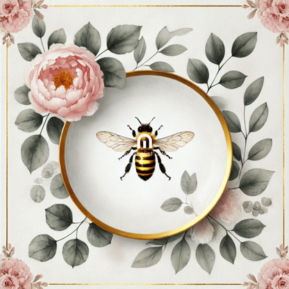 Peony Bloom & Golden Honey Bee Floral Wall Art | Kitchen Wall Art | Dining Room Wall Art | Vintage Wall Art