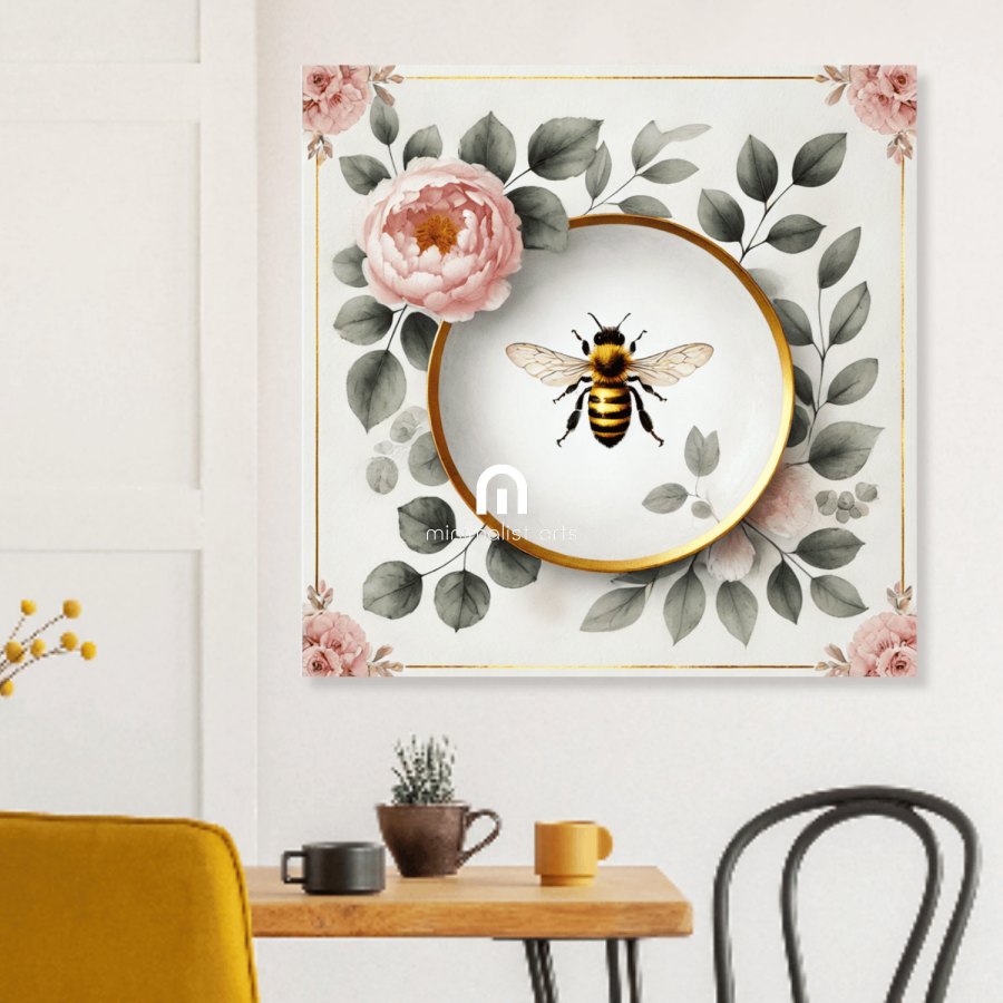 Peony Bloom & Golden Honey Bee Floral Wall Art | Kitchen Wall Art | Dining Room Wall Art | Vintage Wall Art