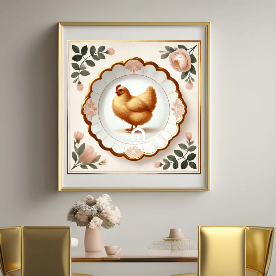 Peony Perch – Quirky Vintage Kitchen Dining Wall Art Canvas | Stretched & Framed | Chicken Wall Art Canvas Wall Art