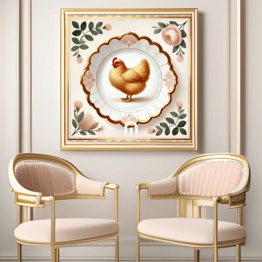 Peony Perch – Quirky Vintage Kitchen Dining Wall Art Canvas | Stretched & Framed | Chicken Wall Art Canvas Wall Art