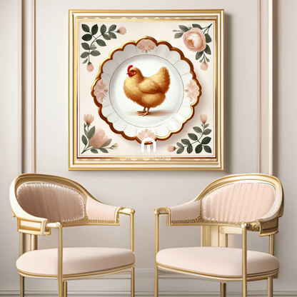 Peony Perch – Quirky Vintage Kitchen Dining Wall Art Canvas | Stretched & Framed | Chicken Wall Art Canvas Wall Art