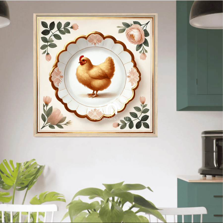 Peony Perch – Quirky Vintage Kitchen Dining Wall Art Canvas | Stretched & Framed | Chicken Wall Art Canvas Wall Art
