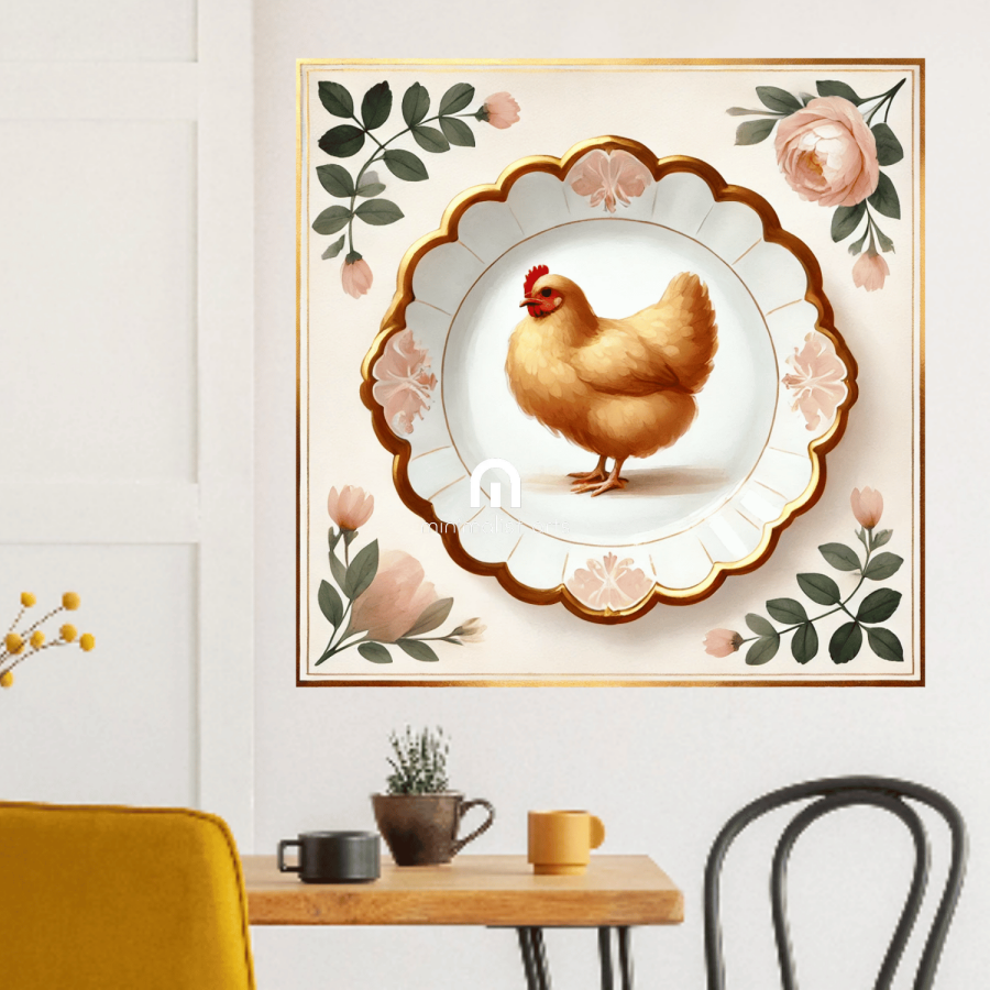 Peony Perch – Quirky Vintage Kitchen Dining Wall Art Canvas | Stretched & Framed | Chicken Wall Art Canvas Wall Art
