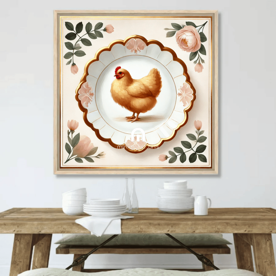Peony Perch – Quirky Vintage Kitchen Dining Wall Art Canvas | Stretched & Framed | Chicken Wall Art Stretched Canvas
