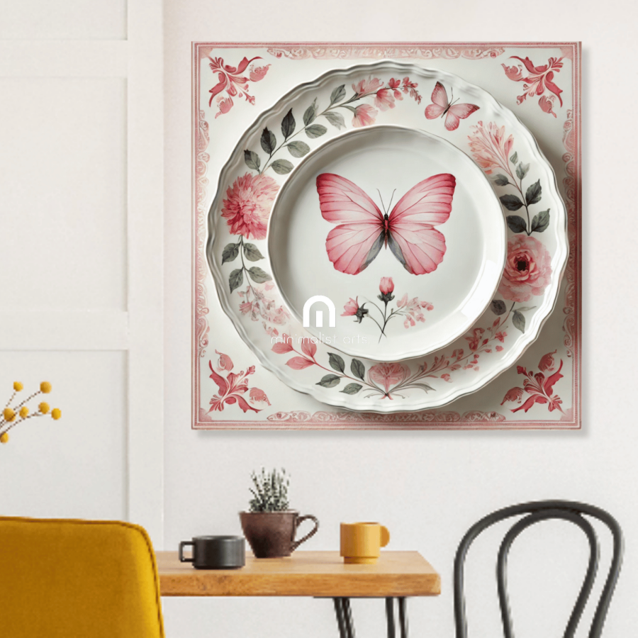 Rose Flutter and Garden Butterfly Canvas Wall Art | Kitchen Wall Art | Dining Room Wall Art | Vintage Wall Art