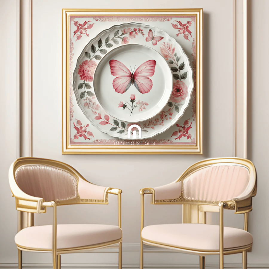 Rose Flutter and Garden Butterfly Canvas Wall Art | Kitchen Wall Art | Dining Room Wall Art | Vintage Wall Art
