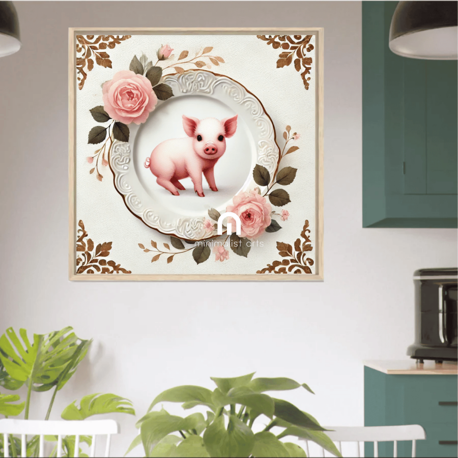 Rosy Rumpus – Quirky Vintage Kitchen Dining Wall Art Canvas | Stretched & Framed | Pig Wall Art Canvas Wall Art