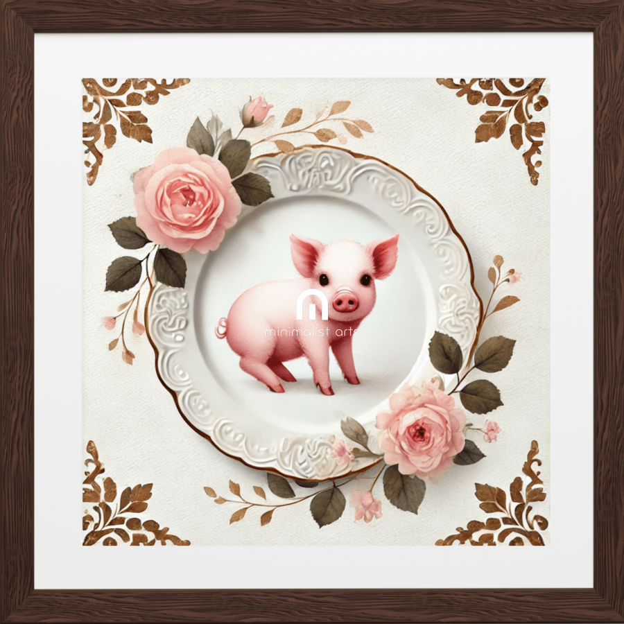Rosy Rumpus – Quirky Vintage Kitchen Dining Wall Art Canvas | Stretched & Framed | Pig Wall Art Canvas Wall Art
