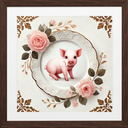 Rosy Rumpus – Quirky Vintage Kitchen Dining Wall Art Canvas | Stretched & Framed | Pig Wall Art Canvas Wall Art