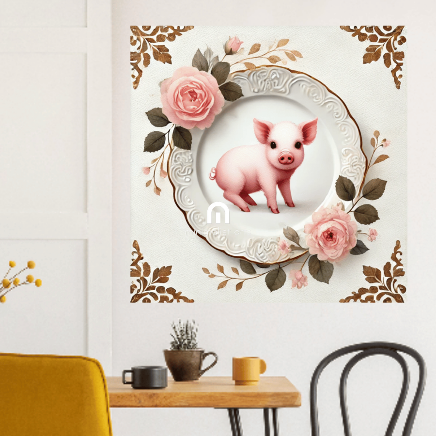 Rosy Rumpus – Quirky Vintage Kitchen Dining Wall Art Canvas | Stretched & Framed | Pig Wall Art Canvas Wall Art
