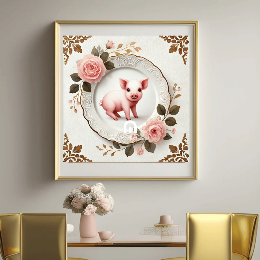 Rosy Rumpus – Quirky Vintage Kitchen Dining Wall Art Canvas | Stretched & Framed | Pig Wall Art Canvas Wall Art