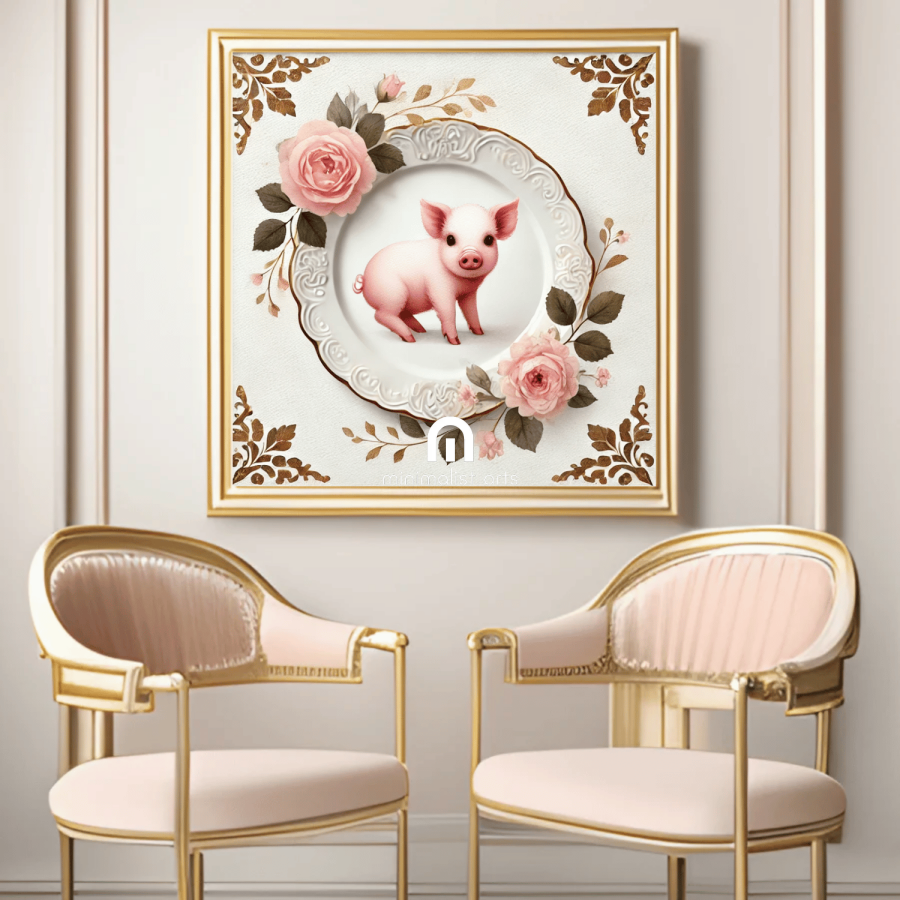 Rosy Rumpus – Quirky Vintage Kitchen Dining Wall Art Canvas | Stretched & Framed | Pig Wall Art Canvas Wall Art