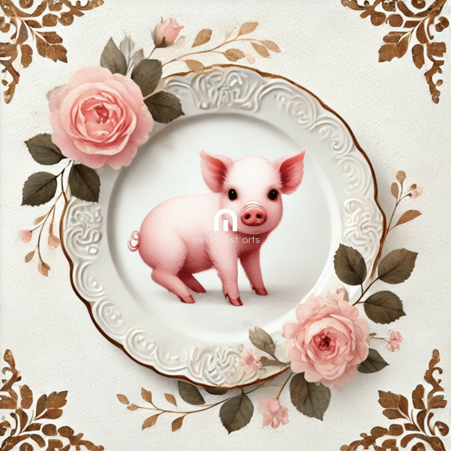 Rosy Rumpus – Quirky Vintage Kitchen Dining Wall Art Canvas | Stretched & Framed | Pig Wall Art Canvas Wall Art