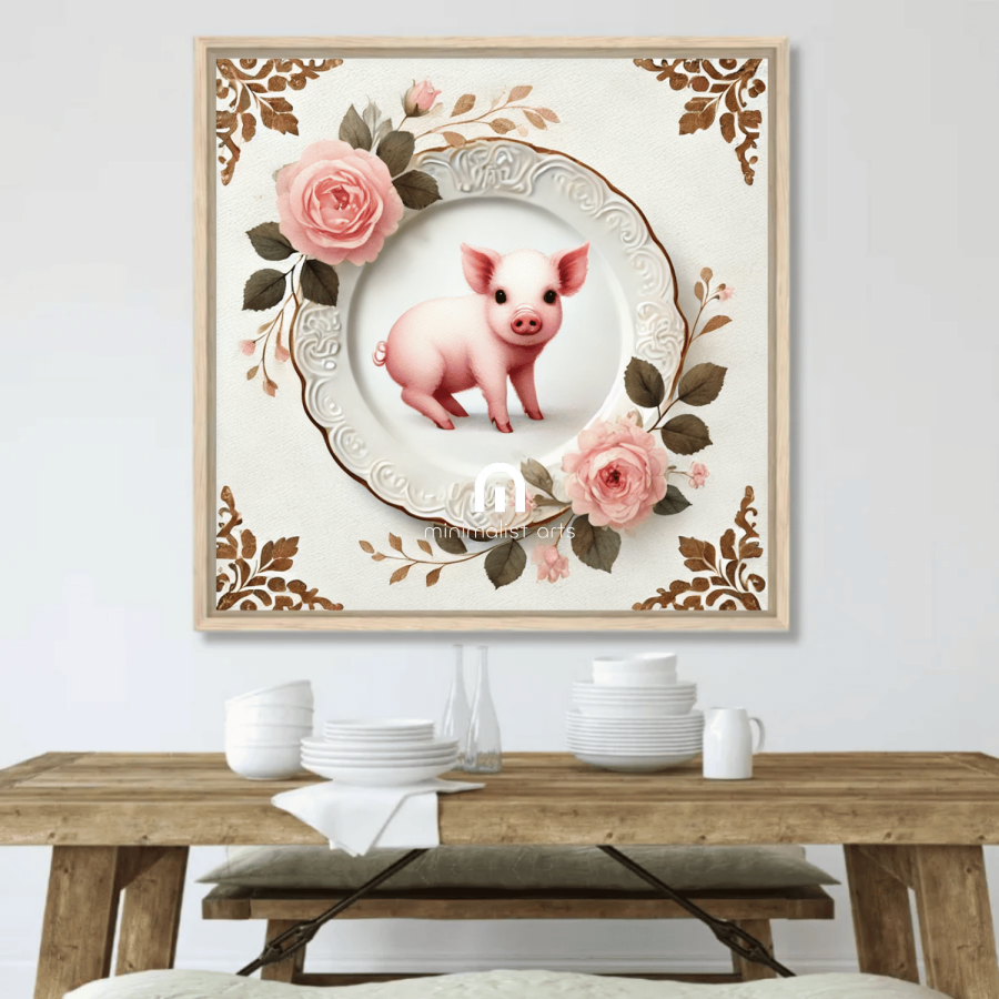 Rosy Rumpus – Quirky Vintage Kitchen Dining Wall Art Canvas | Stretched & Framed | Pig Wall Art Stretched Canvas Slim