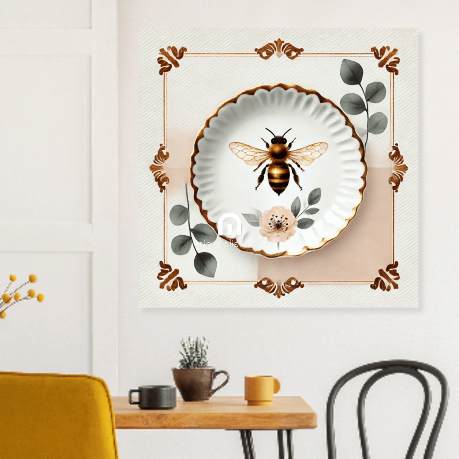 Scalloped Bee & Blossom Floral Canvas Wall Art | Kitchen Wall Art | Dining Room Wall Art | Vintage Wall Art