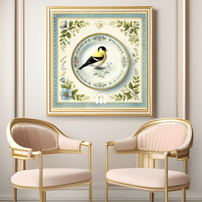 Vintage Golden Finch Garden Canvas Wall Art | Bird Wall Art | Kitchen Wall Art | Dining Room Wall Art | Vintage Wall