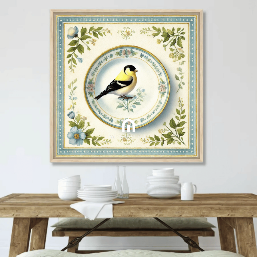 Vintage Golden Finch Garden Canvas Wall Art | Bird Wall Art | Kitchen Wall Art | Dining Room Wall Art | Vintage Wall