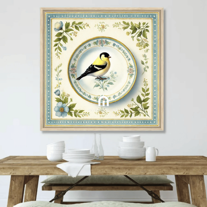 Vintage Golden Finch Garden Canvas Wall Art | Bird Wall Art | Kitchen Wall Art | Dining Room Wall Art | Vintage Wall