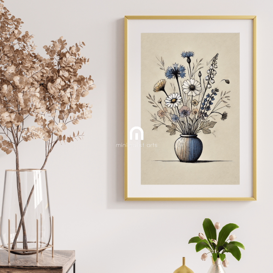 Vintage Wildflower Bouquet in A Vase Wall Art Print Print Material