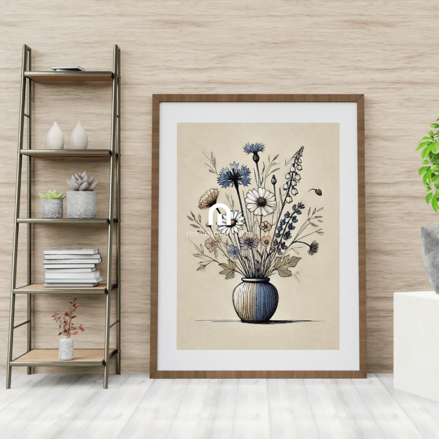 Vintage Wildflower Bouquet in A Vase Wall Art Print Print Material