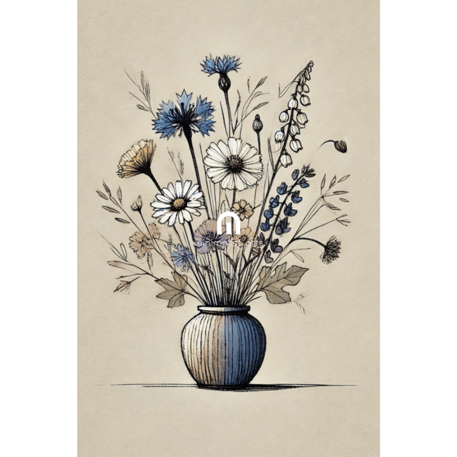 Vintage Wildflower Bouquet in A Vase Wall Art Print Print Material