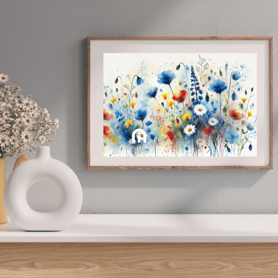 Vivid Bloom Flowers Blue and Red Floral Garden Wall Art Print Material