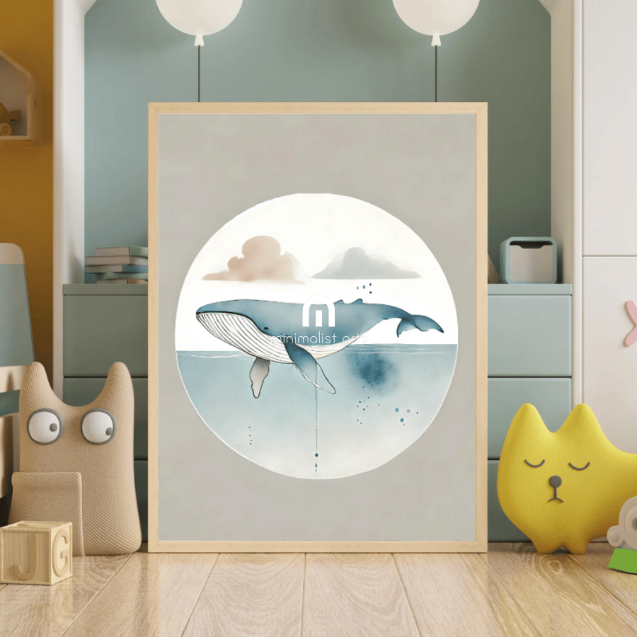 Whale Minimalist Wall Art – Ocean Wildlife Watercolor Print Decor Print Material