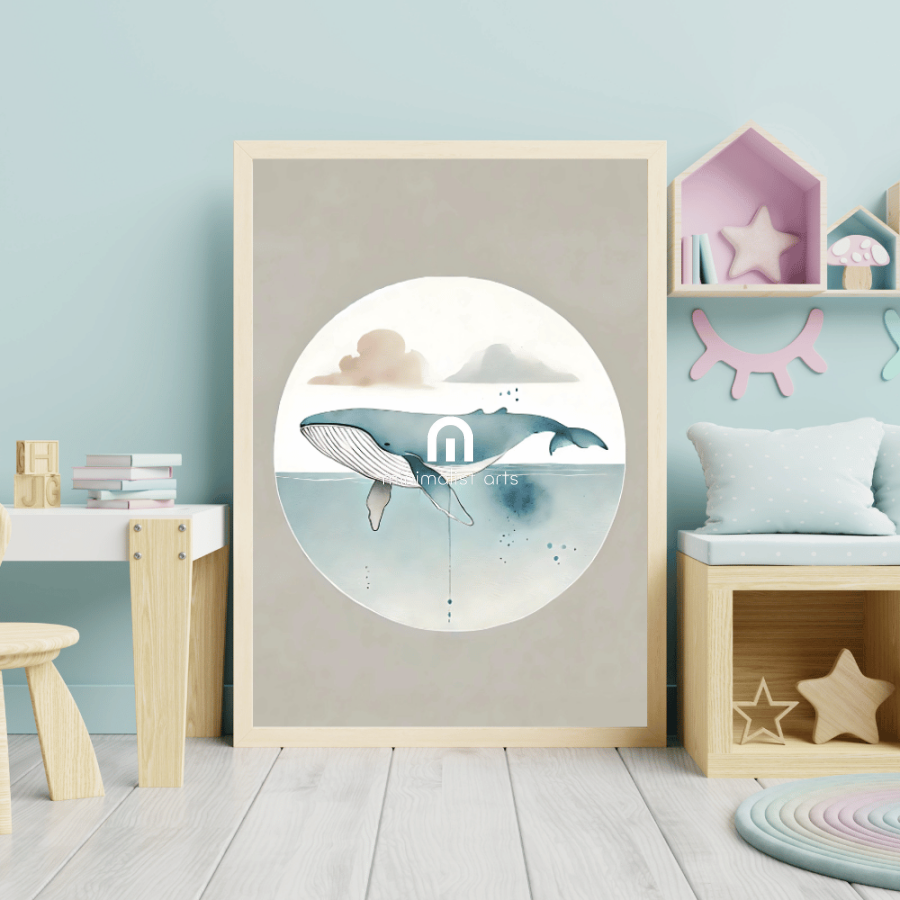 Whale Minimalist Wall Art – Ocean Wildlife Watercolor Print Decor Print Material