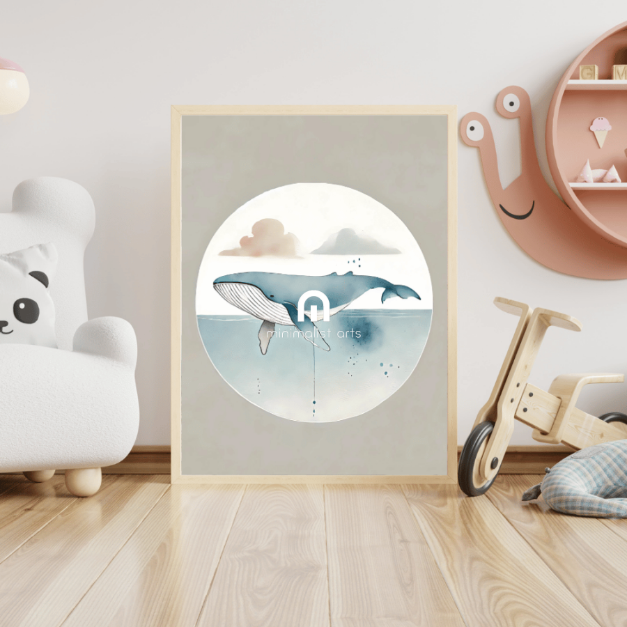 Whale Minimalist Wall Art – Ocean Wildlife Watercolor Print Decor Print Material